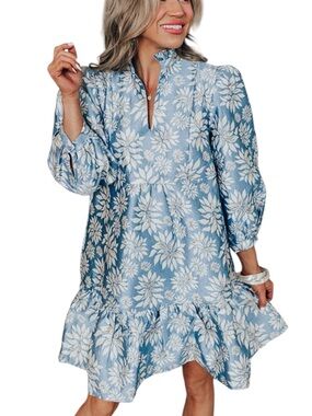 &Merci Blue Floral Brocade Puff Sleeve Ruffle Hem Mini Dress Cottagecore M